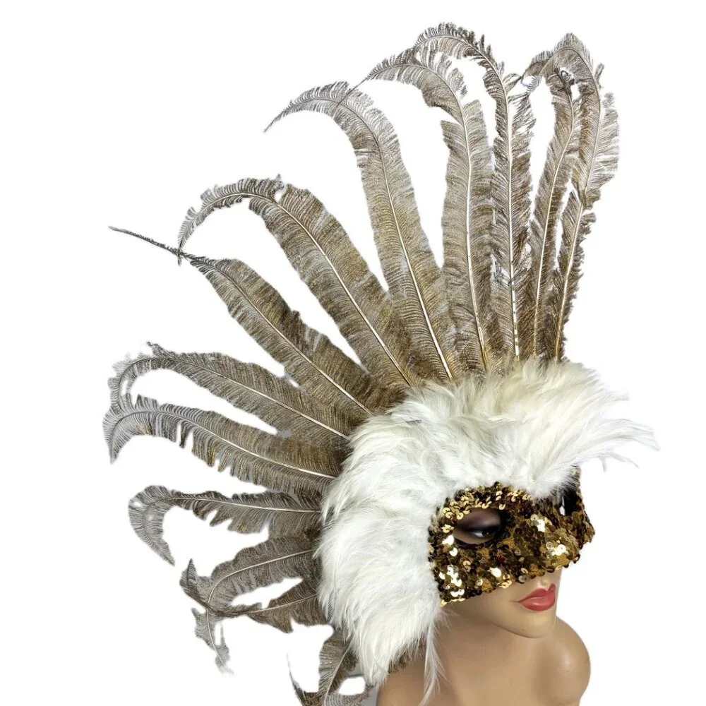 Showgirl Carnival Feather Gold White Mask Headdress Deluxe Vintage